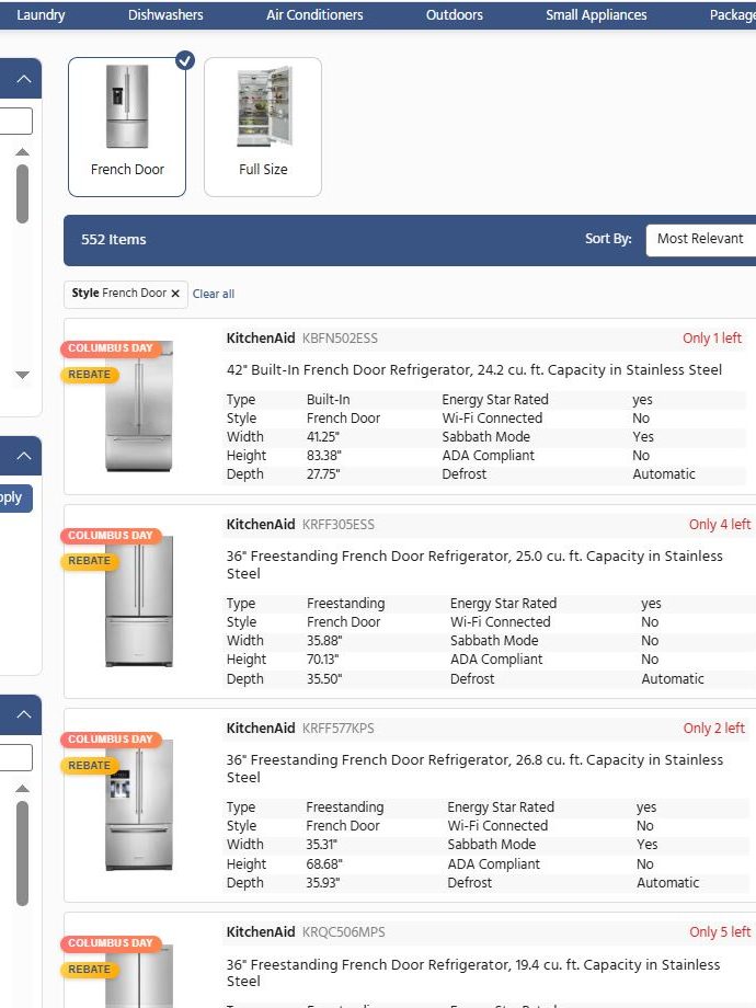 Appliance Palace Search Filters